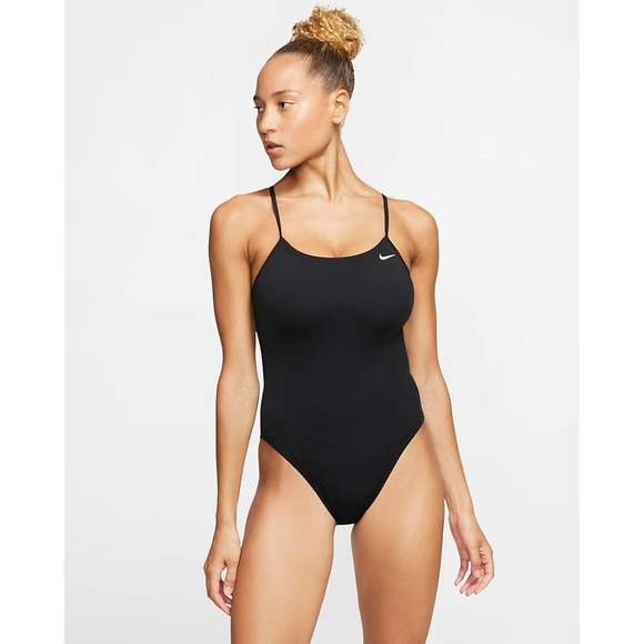 NWT Nike Sz S NESSA Black With White Swish Tank One Piece Swimsuit - Picture 9 of 11